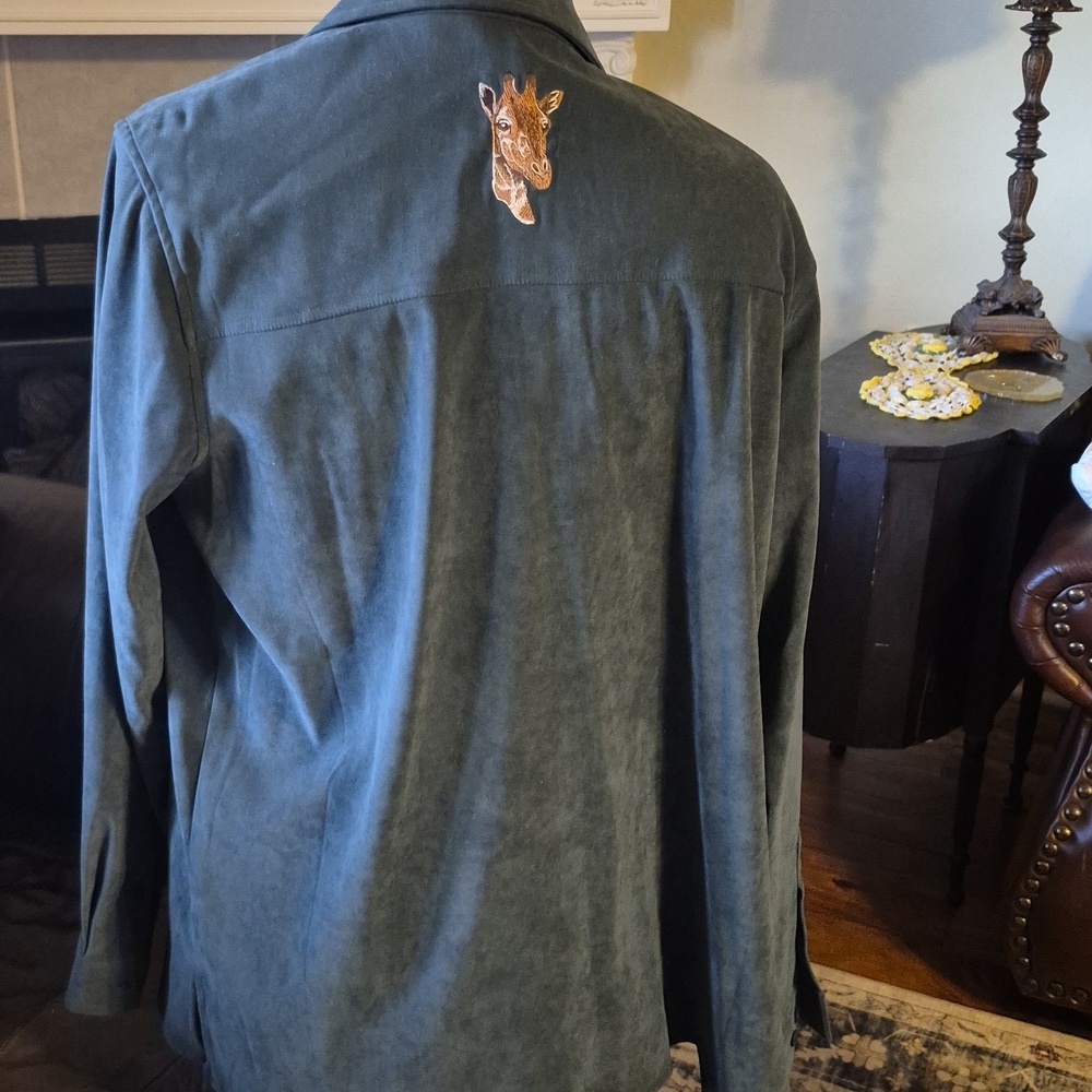 Quacker Factory Vintage Green Faux Suede Embroidered Giraffe Motif.(#1824) Sz.L. - Picture 4 of 15